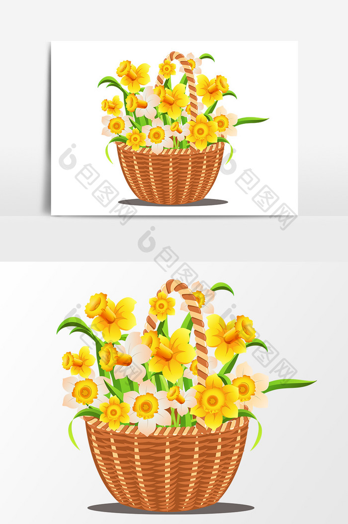 手绘黄色花朵花篮设计元素