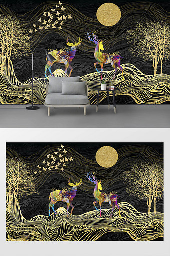 北欧现代抽象鹿金色背景墙图片