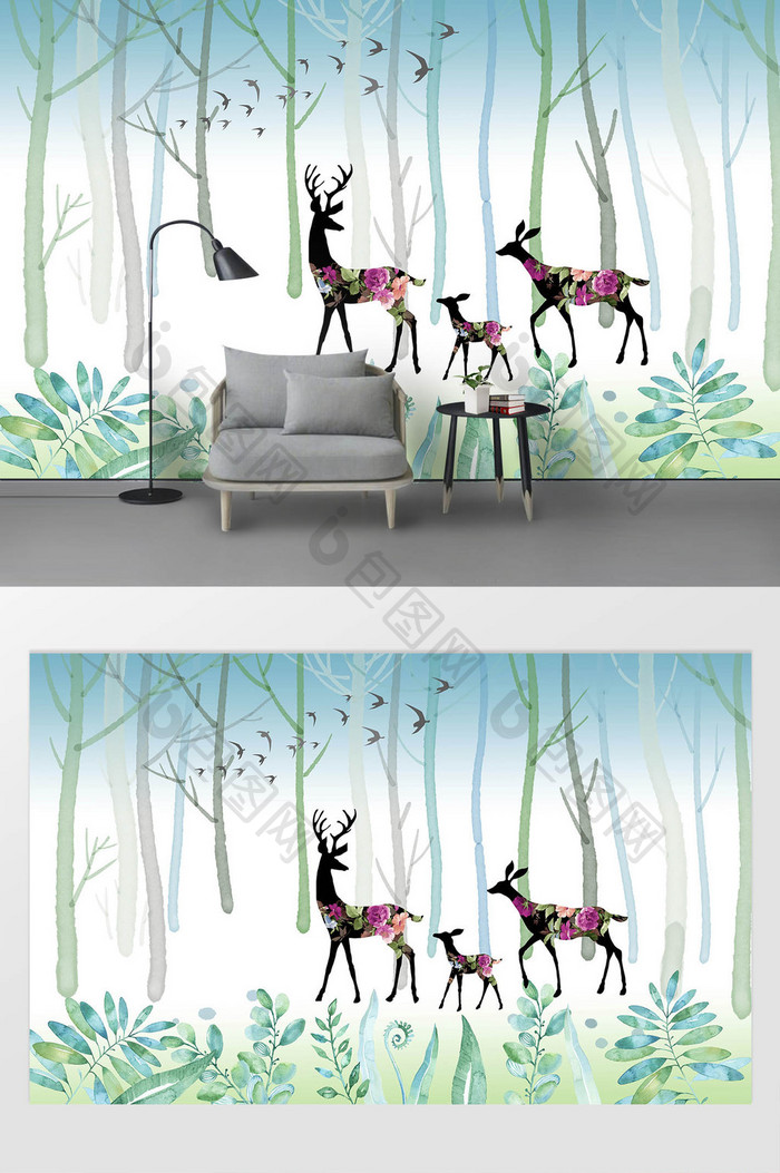 北欧抽象麋鹿森林背景墙壁画