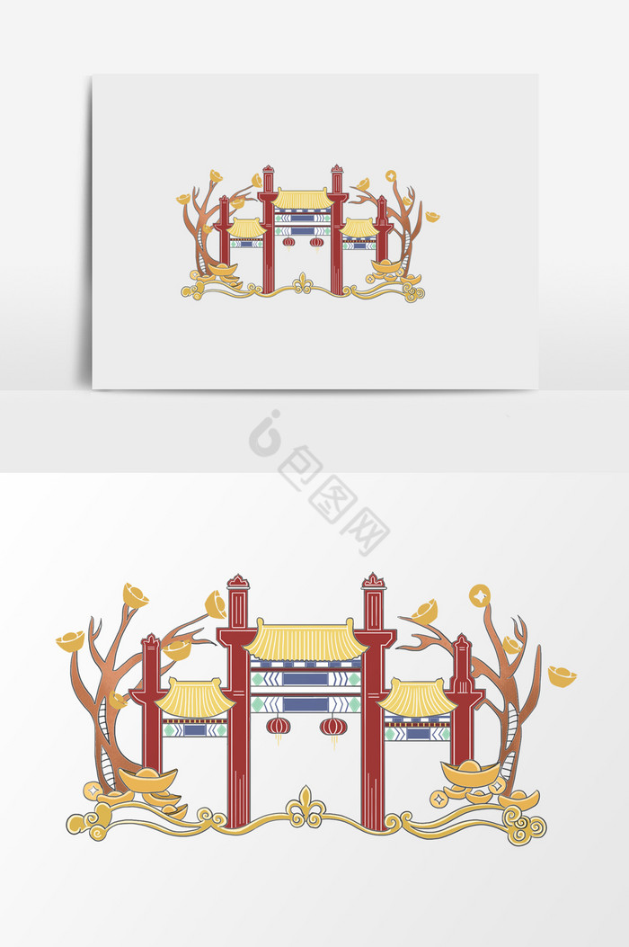 带摇钱树的古建大门插画图片