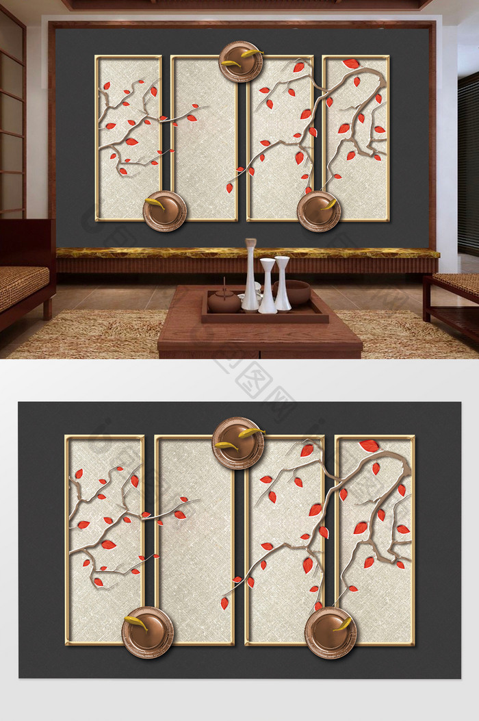 新中式时尚简约立体树枝盘子铁艺装饰背景墙