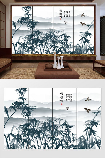 中国风水墨工笔竹子花鸟山水电视背景墙图片