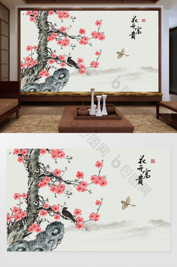 中式手绘工笔花鸟植物背景墙