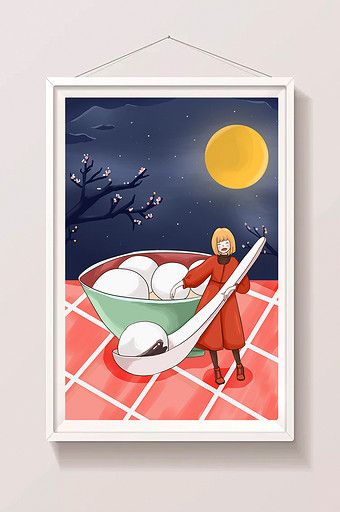 元宵节抱着汤匙的女孩插画海报图片