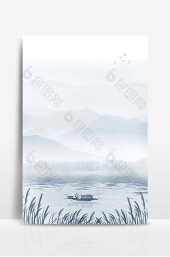 烟雾朦胧山水水墨中国风渔船湖泊背景图片