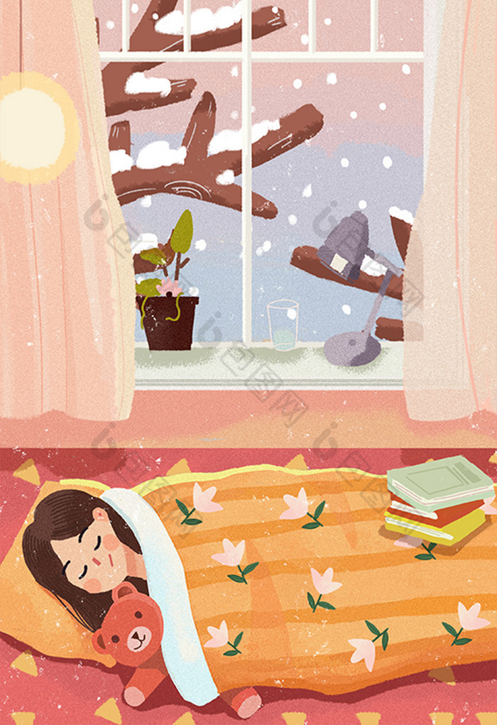 大寒假期生活方式少女睡觉扁平卡通插画
