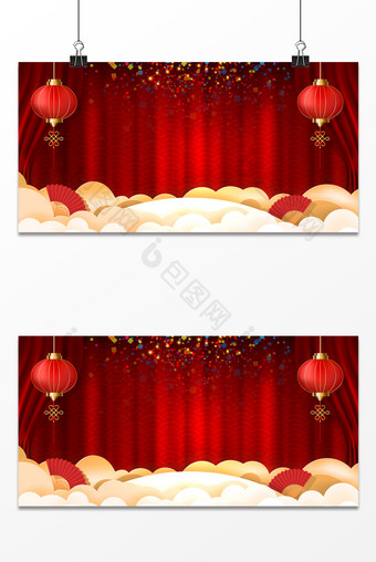 中国风喜庆新年帷幕舞台剪纸风灯笼背景图片