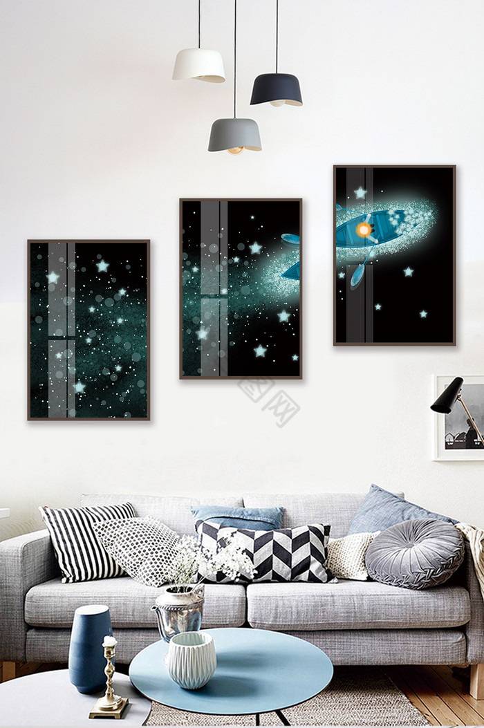 手绘夜晚星空划船晶磁风景客厅卧室装饰画图片