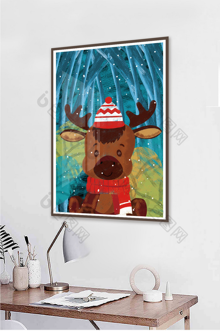 手绘森林动物小鹿风景儿童房装饰画