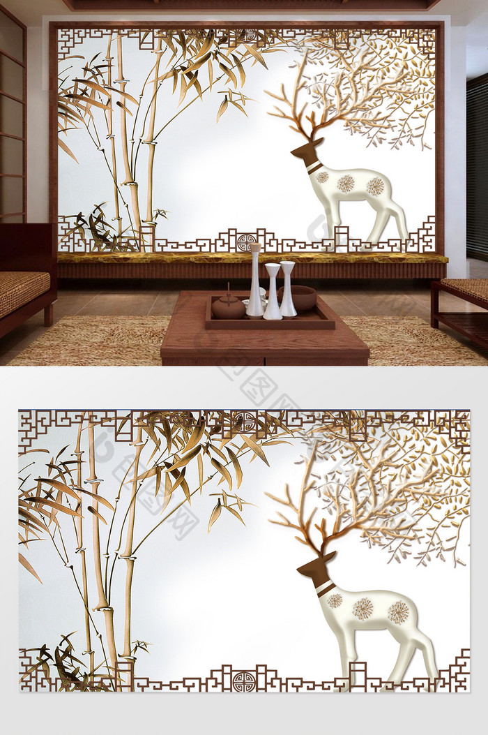 现代简约鹿竹子花架背景墙