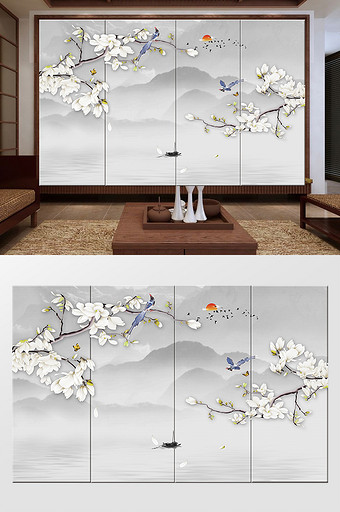 新中式手绘山水花鸟背景墙壁画图片