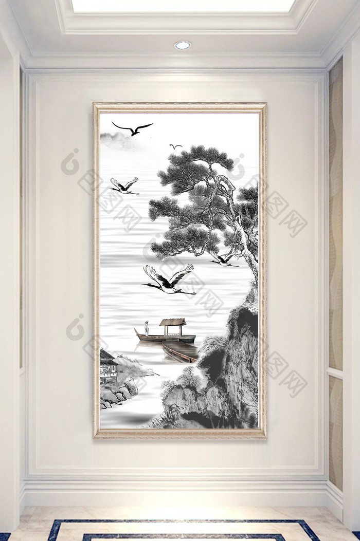 新中式水墨手绘山水风景玄关装饰画
