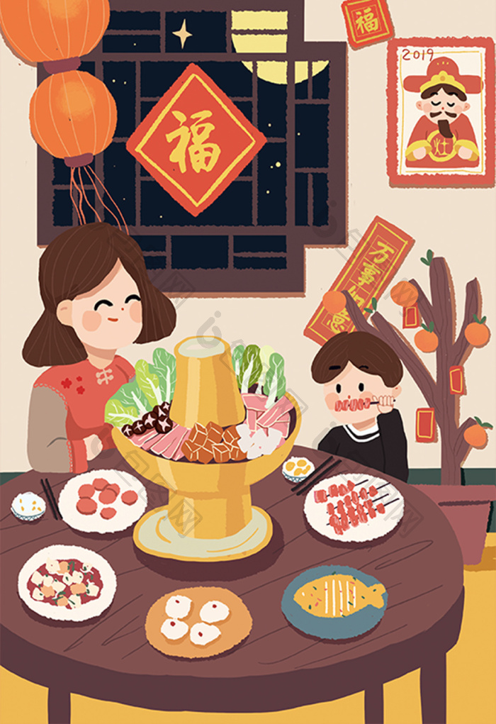 小年吃火锅母亲孩子插画