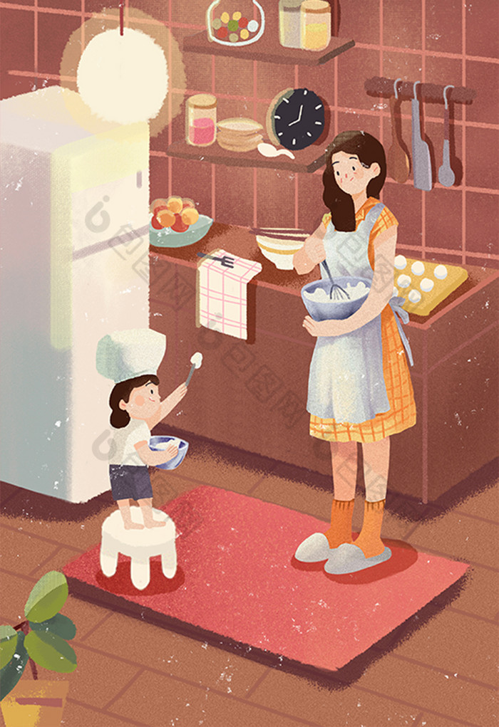 假期生活方式少女做饭冰箱厨房插画