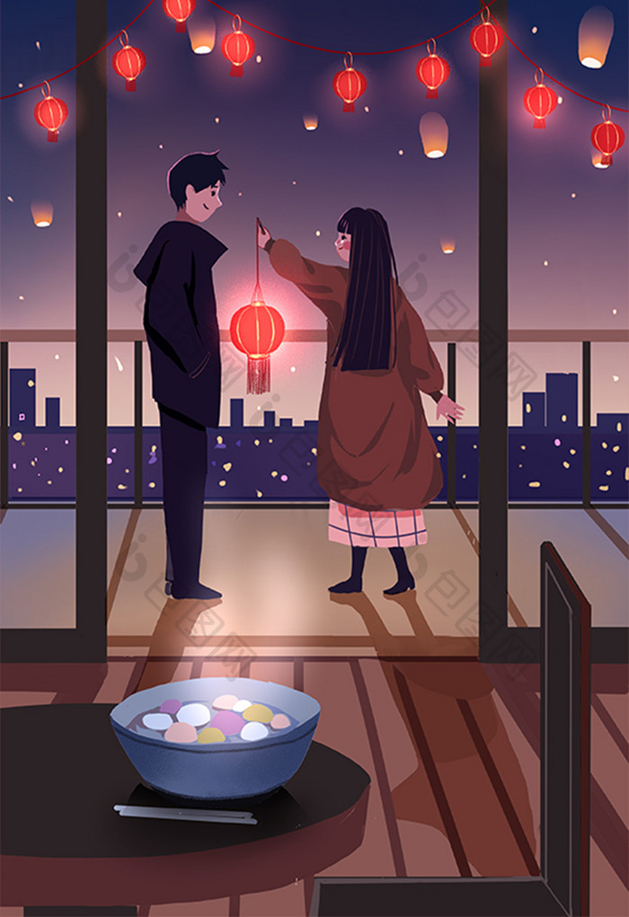 元宵节情侣猜灯谜吃汤圆卡通唯美夜景插画