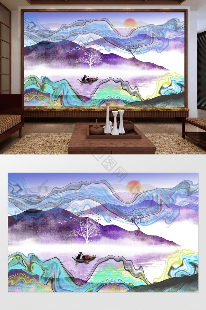 新中式抽象写意山水画手绘背景墙