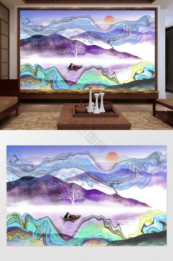 新中式抽象写意山水画手绘背景墙图片