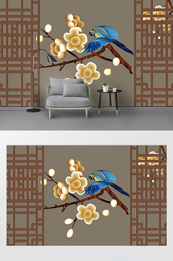 新中式时尚简约工笔花鸟布纹屏风背景墙图片