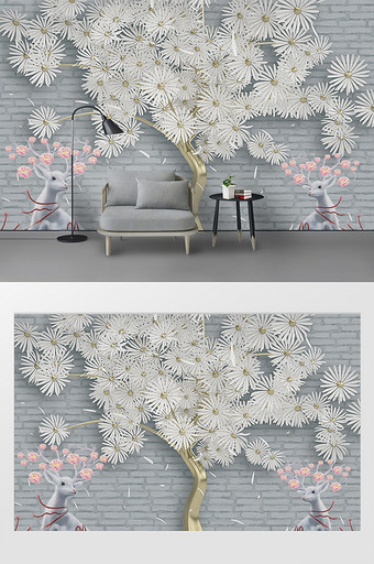 浮雕唯美白色花朵金树枝梅花鹿电视背景墙图片
