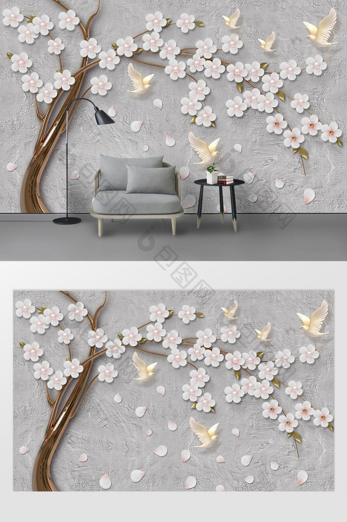 现代唯美浮雕白色花朵飞鸟电视背景墙