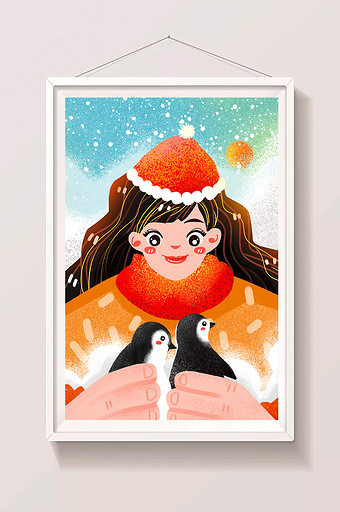 大雪节气冬日大寒节下雪冬季企鹅女孩插画图片