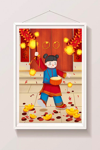 卡通红色喜庆中国风放鞭炮打腰鼓插画图片