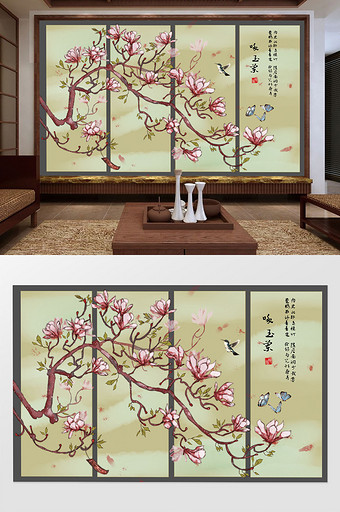 中国风水墨工笔手绘花鸟玉兰背景墙图片