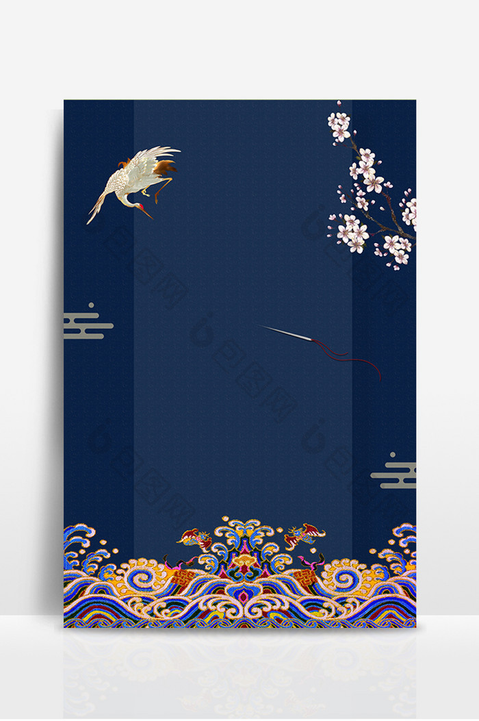 蓝色中国风刺绣花鸟精致海报背景