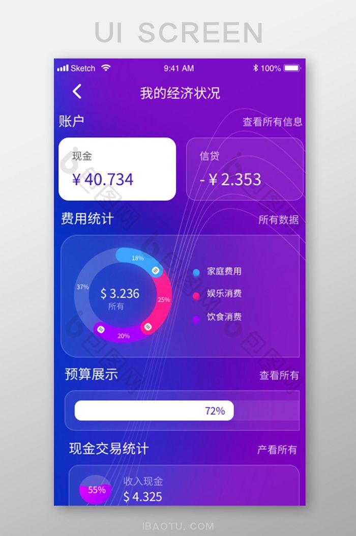 紫色渐变钱包app个人资金统计移动界面