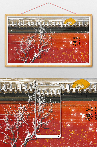 红色雪景红墙喜庆唯美插画图片