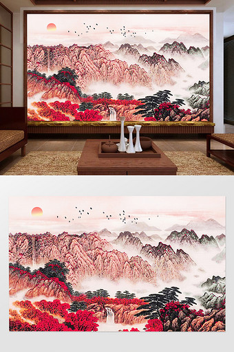 新中式唯美山水意境风景国画电视背景墙图片