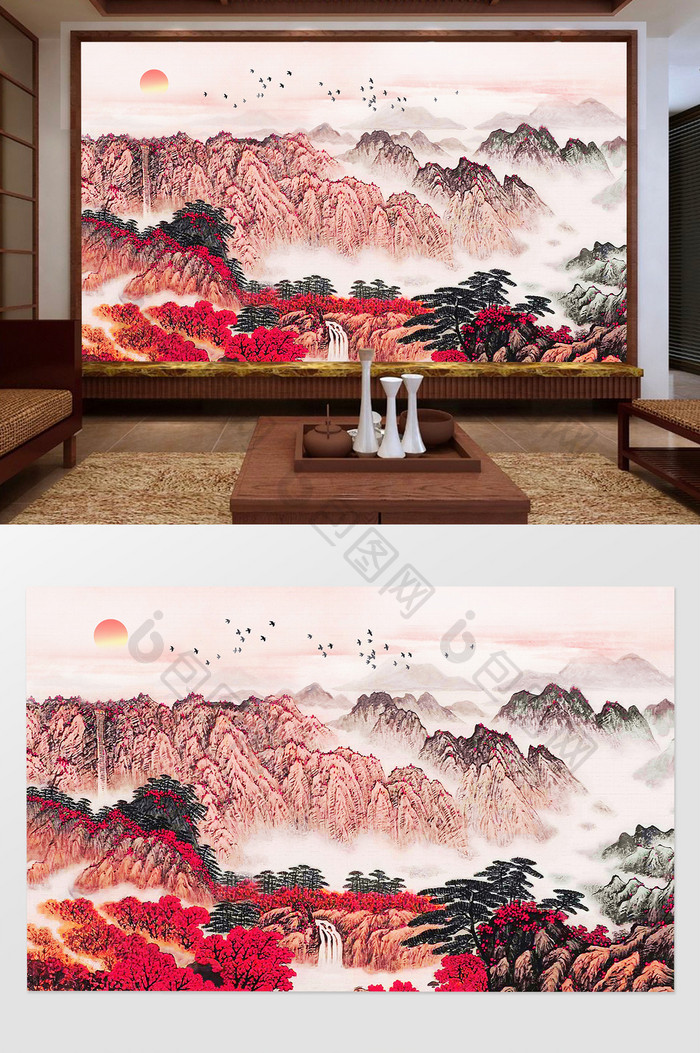 新中式唯美山水意境风景国画电视背景墙