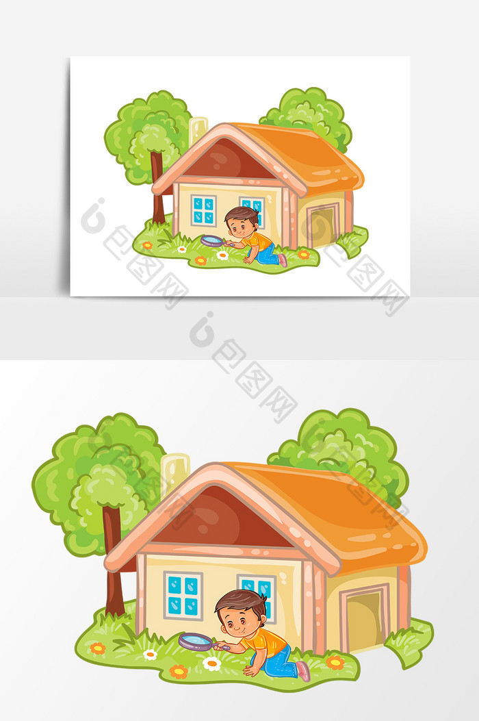 手绘夏季房屋树木设计元素