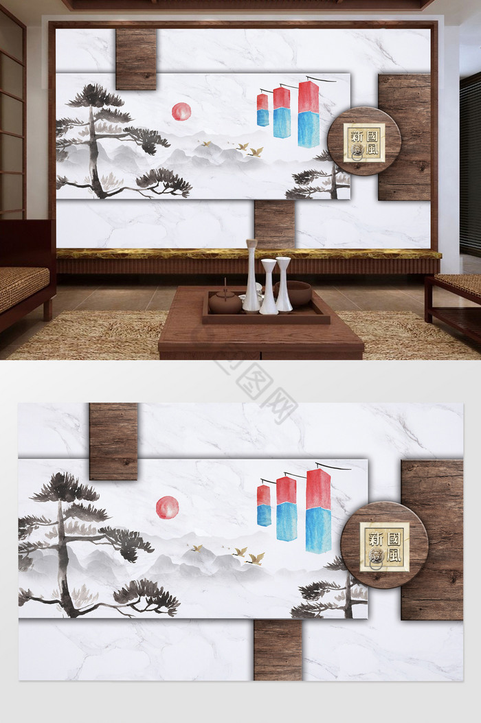 中式创意山水拼接大理石木纹背景墙图片