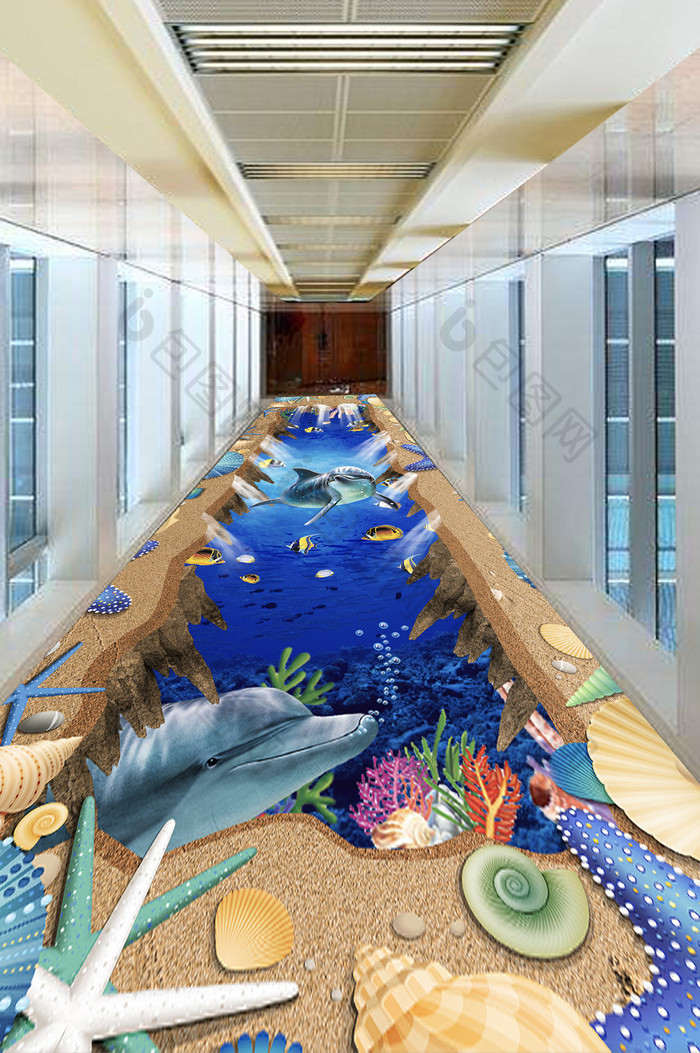 3D沙滩海底世界立体户外地板画