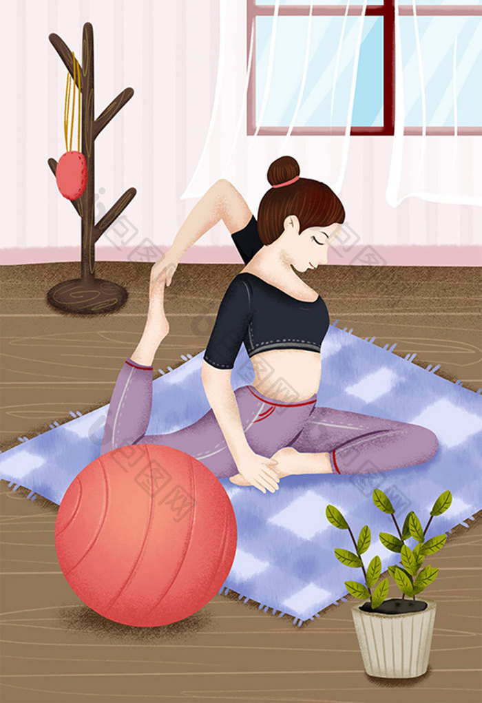 小清新室内健身练瑜伽插画