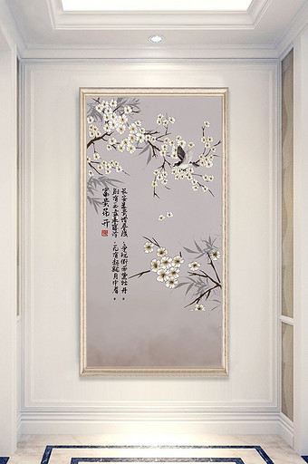 中式手绘花鸟玄关背景墙装饰画图片
