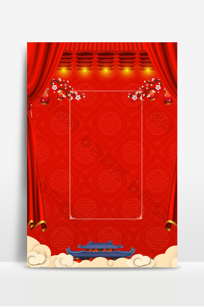 中国红帷幔灯笼新年元旦海报背景图