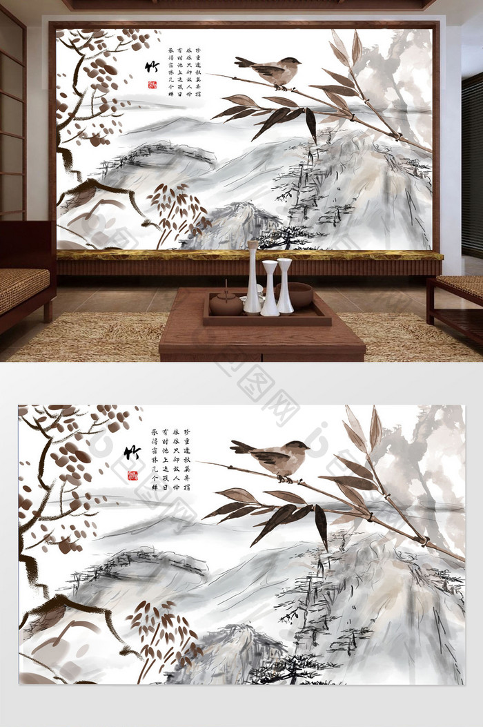 中国风水墨工笔竹子花鸟电视背景墙