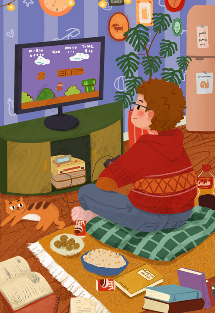 包图网提供精美好看的宅男打游戏电玩生活宠物插画图片素材免费下载