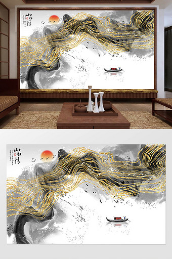 中式抽象水墨金色山水背景墙图片