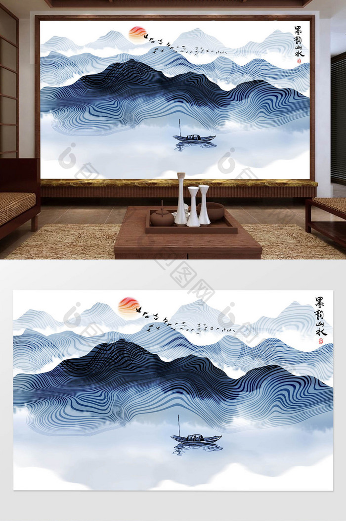 中式水墨抽象山水画背景墙