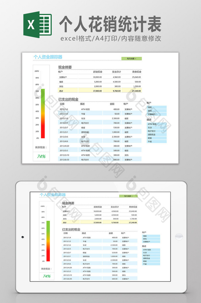 个人花销统计表Excel模板图片图片