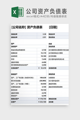 公司资产负债表Excel模板图片