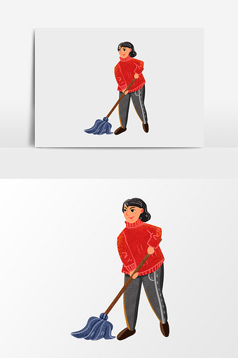手绘小年里打扫卫生的女人插画元素图片
