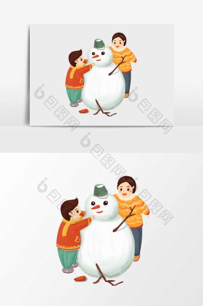 手绘两个孩子堆的大雪人插画元素