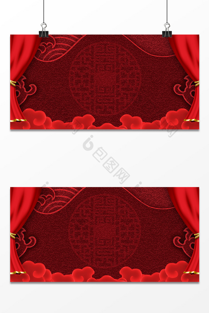 红色帷幔窗花新年元旦海报背景图