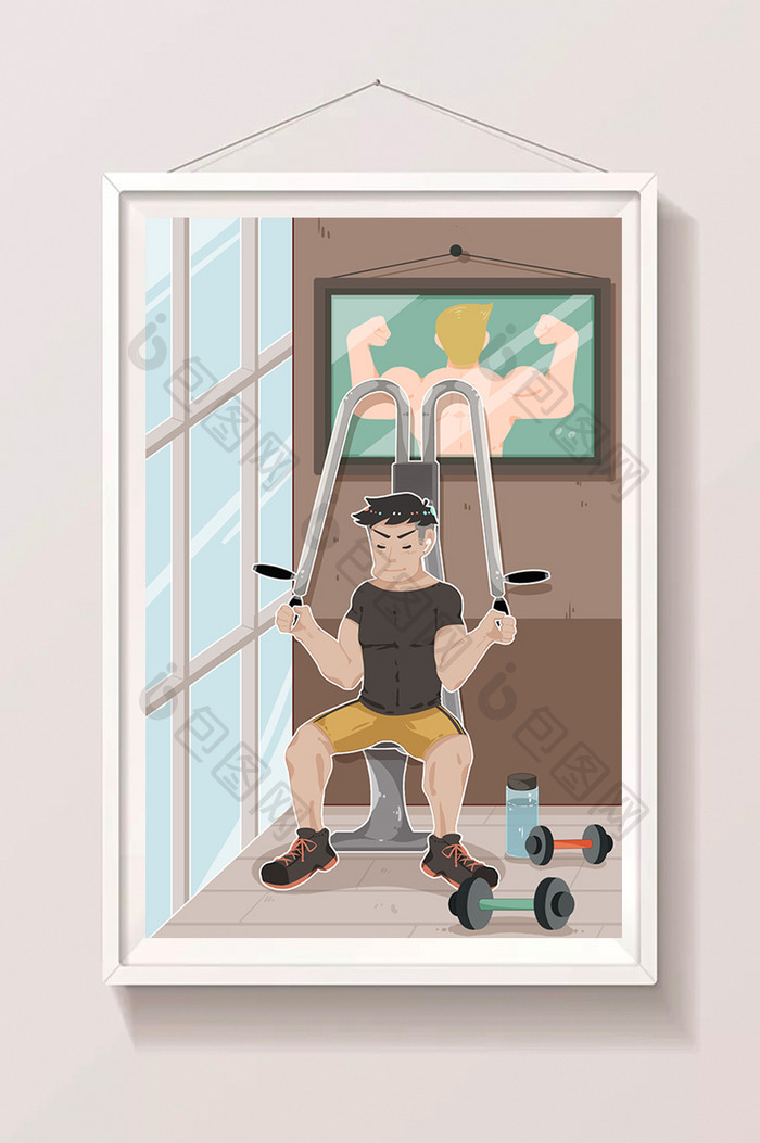 扁平卡通健康生活方式健身肌肉男插画