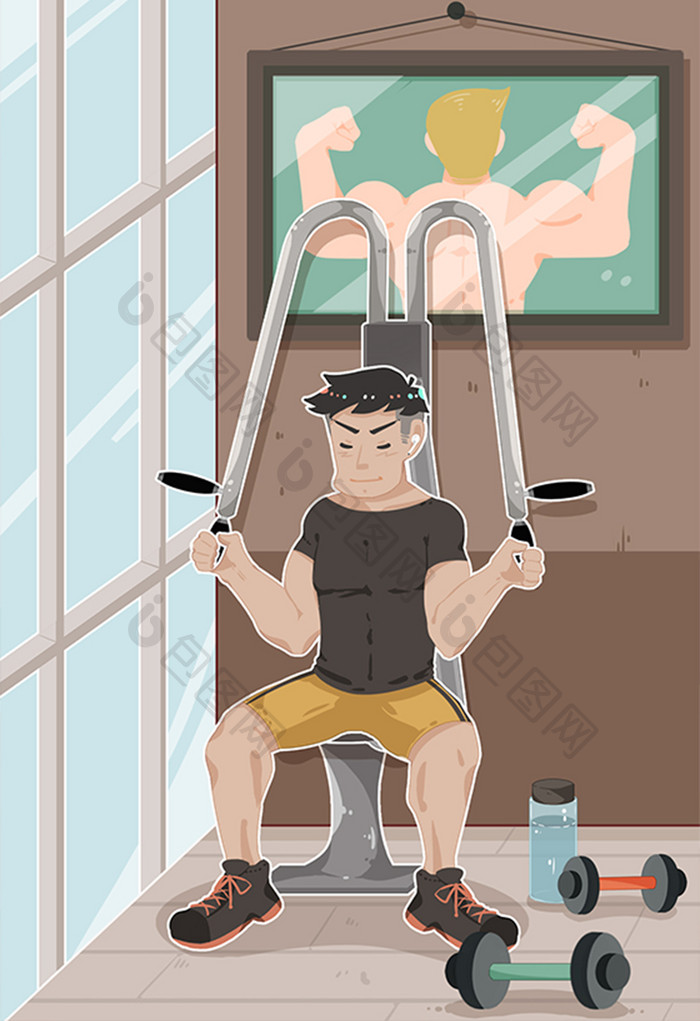 扁平卡通健康生活方式健身肌肉男插画