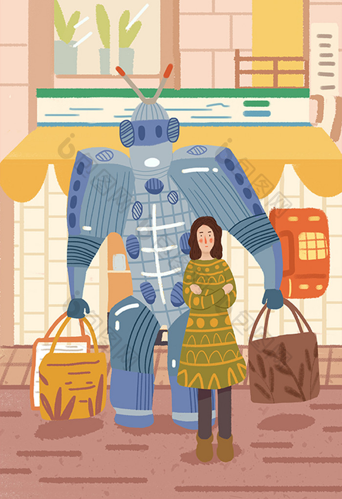 科技人工智能智能机器人购物少女卡通插画